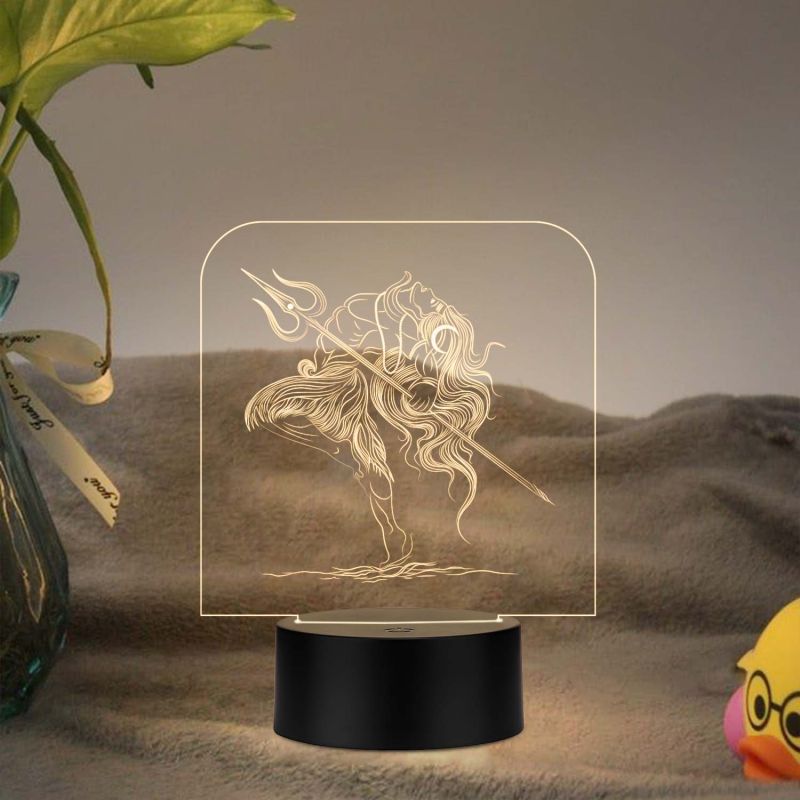 3D Illusion Shiv shambhu Night lamp for Home puja Room mandir Temple Home décor (Warm White Light) Wood Base